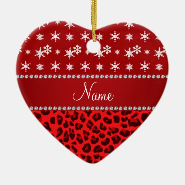 Custom name red leopard red snowflakes red stripe ceramic tree decoration (Front)