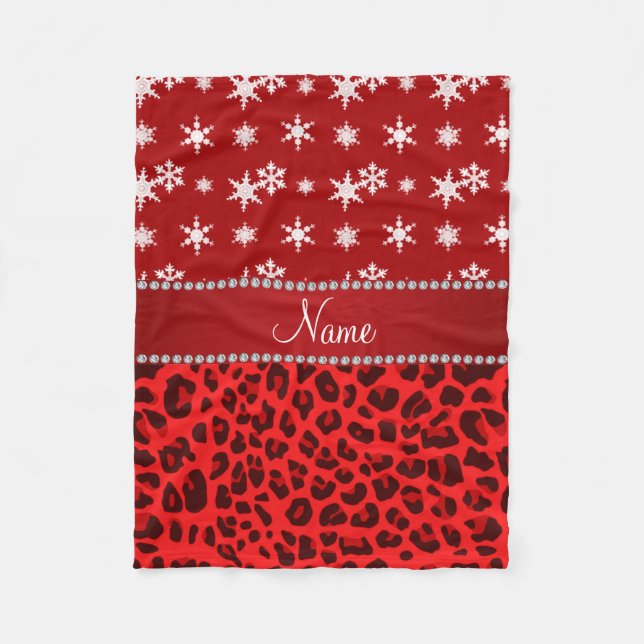 Custom name red leopard red snowflakes red stripe fleece blanket (Front)
