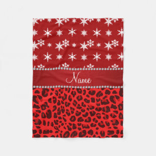 Custom name red leopard red snowflakes red stripe fleece blanket