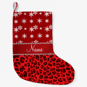 Custom name red leopard red snowflakes red stripe small christmas stocking