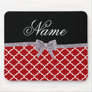 Custom name red moroccan pattern silver bow mouse pad