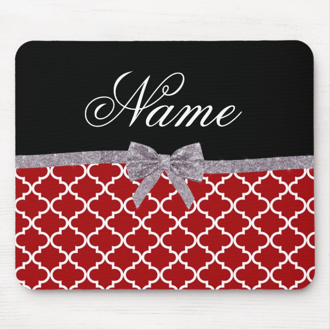 Custom name red moroccan pattern silver bow mouse pad (Front)