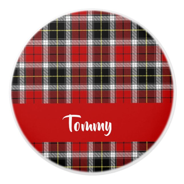 Custom name red plaid pattern ceramic knob (Front)
