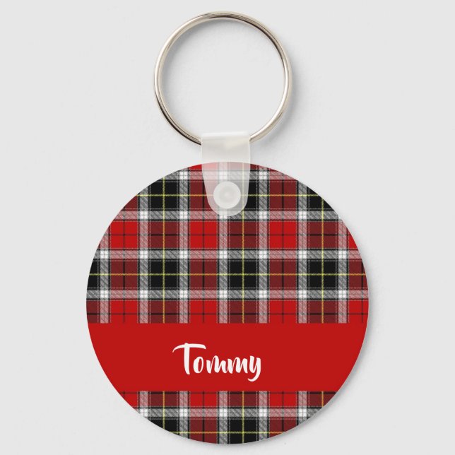Custom name red plaid pattern key ring (Front)