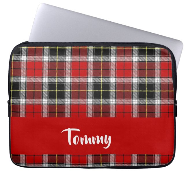 Custom name red plaid pattern laptop sleeve (Front)