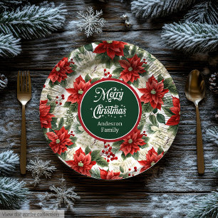 Custom Name Red Poinsettia Christmas Party Plates
