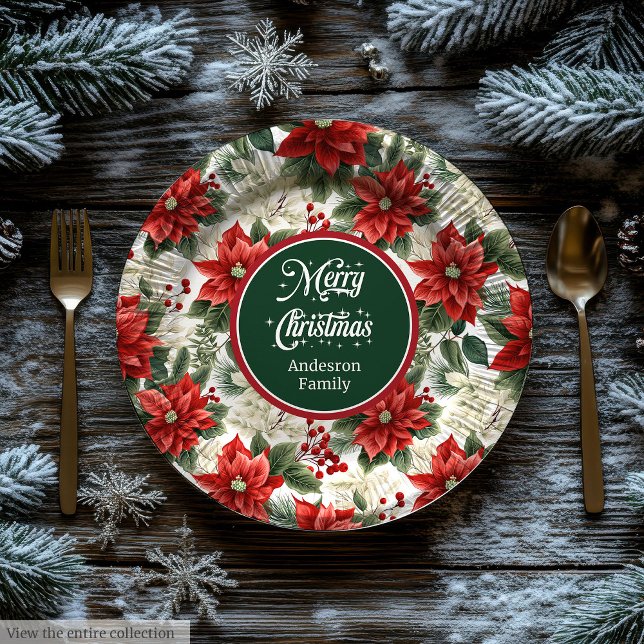 Custom Name Red Poinsettia Christmas Party Plates  (Custom Name Red Poinsettia Christmas Party Plates )