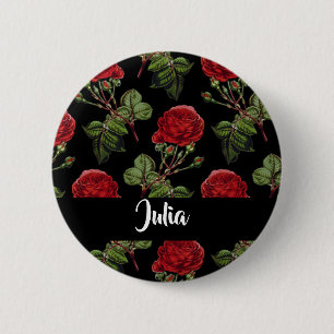 Custom name red roses 6 cm round badge