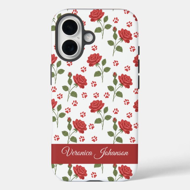 Custom Name Red Roses & Paw Print Floral  Case-Mate iPhone Case (Back)