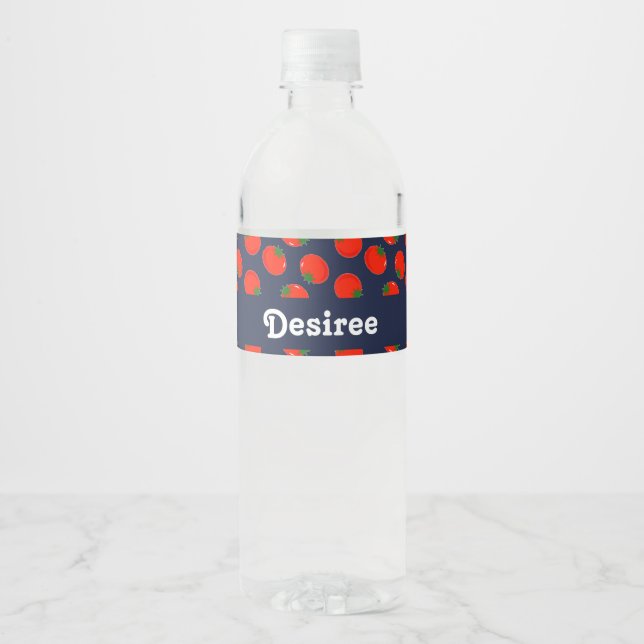 Custom name red tomatoes on blue water bottle label (Front)