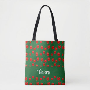 Custom name red tomatoes on green tote bag