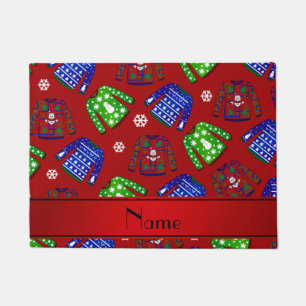 Custom name red ugly christmas sweater pattern doormat