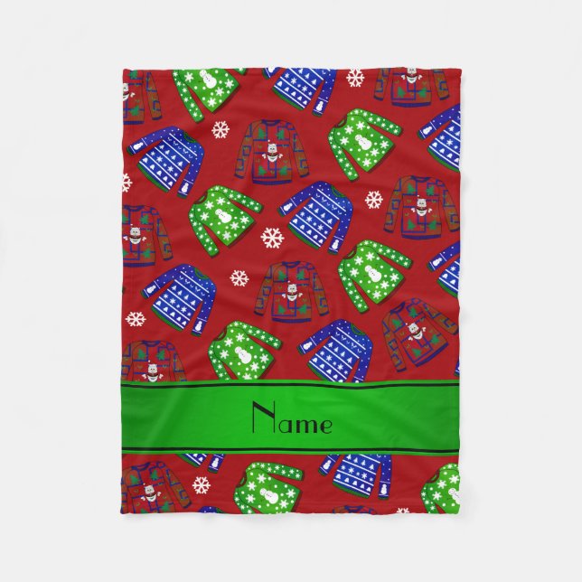 Custom name red ugly christmas sweater pattern fleece blanket (Front)