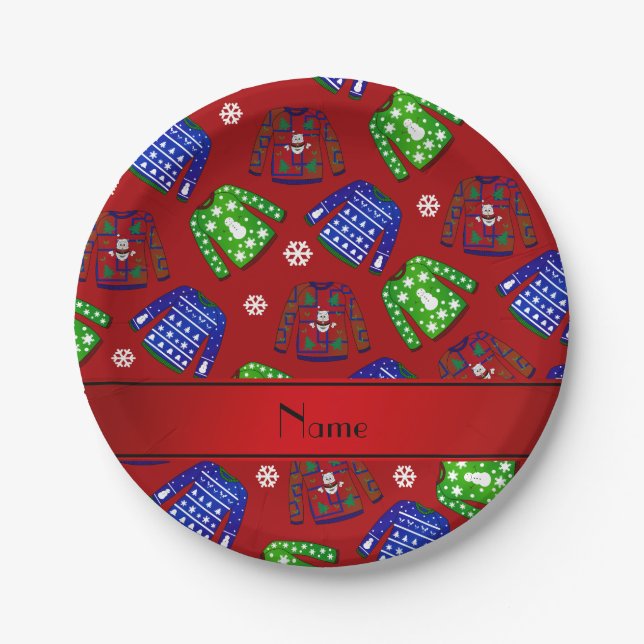 Custom name red ugly christmas sweater pattern paper plate (Front)