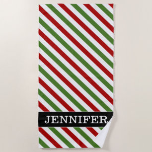 Custom Name + Red, White & Green Striped Pattern Beach Towel