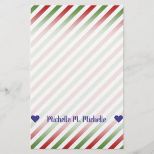 Custom Name; Red, White & Green Striped Pattern Stationery