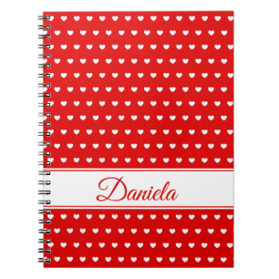 Custom Name - Red With Cute White Hearts Pattern Notebook