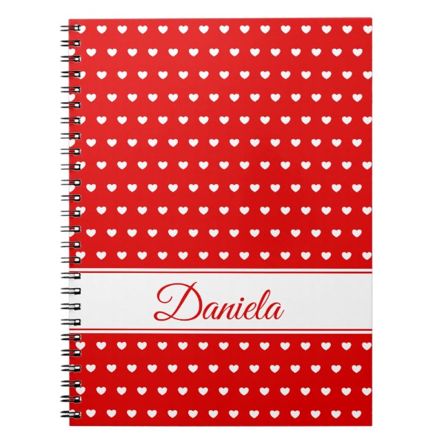 Custom Name - Red With Cute White Hearts Pattern Notebook (Front)