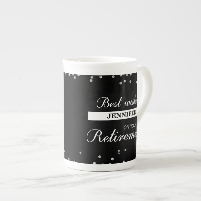Custom Name, Retirement Congratulations Black Bone China Mug (Front Right)