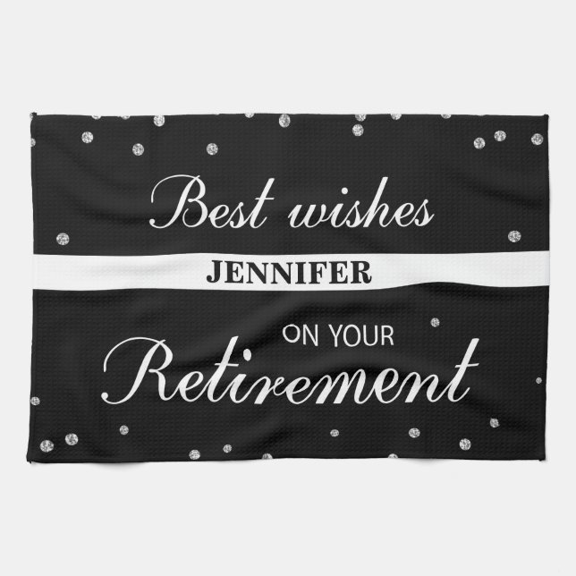 Custom Name, Retirement Congratulations Black Tea Towel (Horizontal)