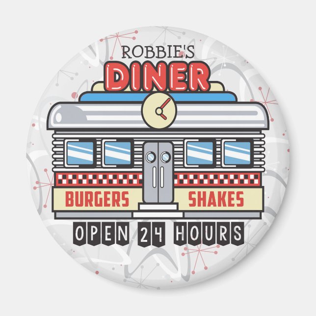 Custom NAME Retro 50s Diner Sign Fifties Atomic Magnet (Front)