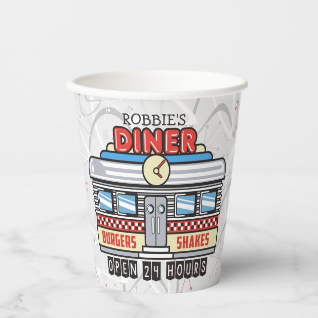 Custom NAME Retro 50s Diner Sign Fifties Atomic  Paper Cups (Front)