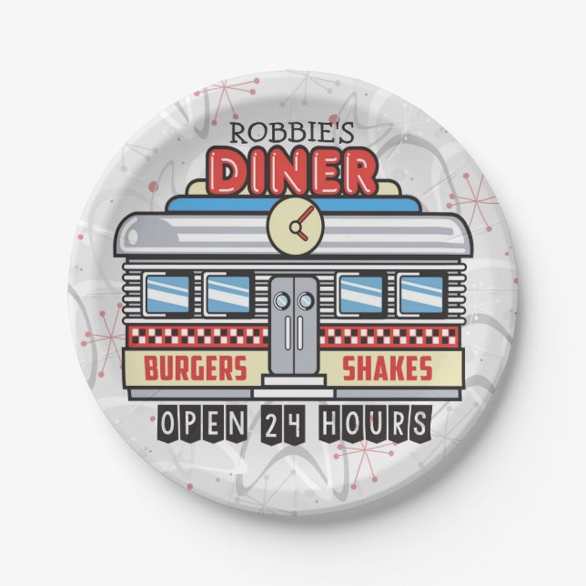 Custom NAME Retro 50s Diner Sign Fifties Atomic Paper Plate (Front)