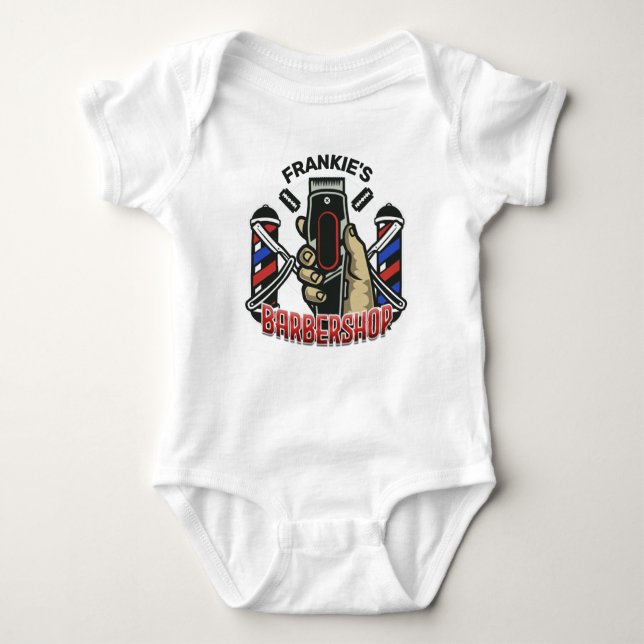 Custom NAME Retro Barber Shop Pole Barbershop Baby Bodysuit (Front)