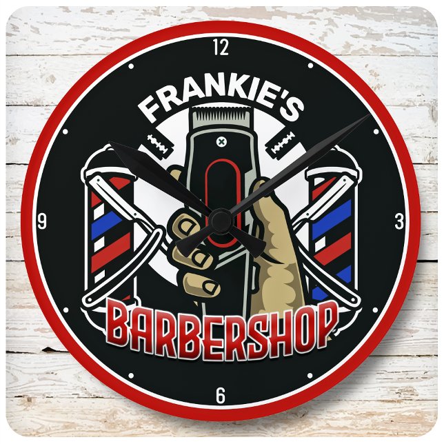 Custom NAME Retro Barber Shop Pole Barbershop Round Clock (Creator Uploaded)