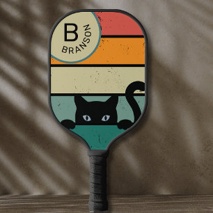 Custom Name, Retro Black Cat Pickleball Paddle
