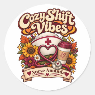 Custom Name Retro Cosy Nurse Life Coffee Classic Round Sticker