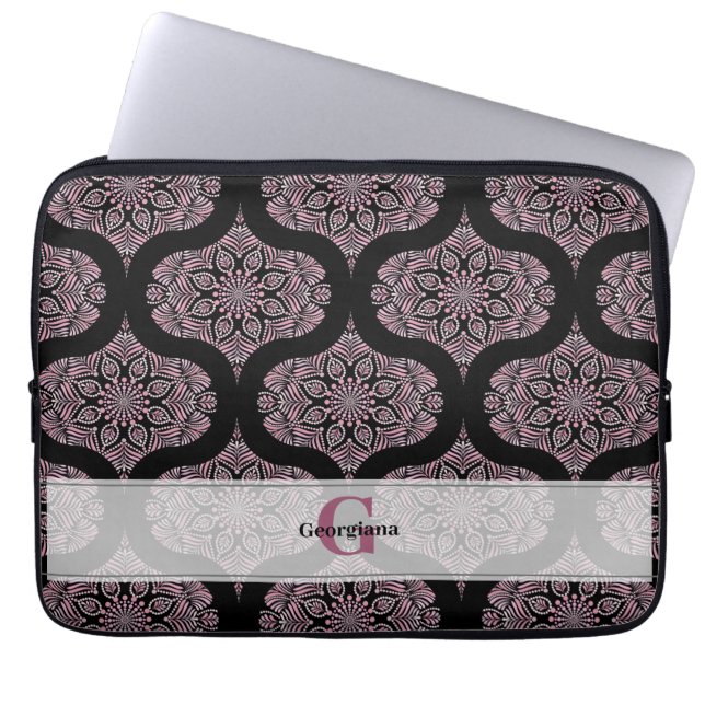 Custom Name Retro Dusky Rose Floral Fronds Mandala Laptop Sleeve (Front)
