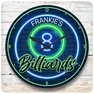 Custom NAME Retro Faux Neon 8 Ball Billiards Pool Large Clock