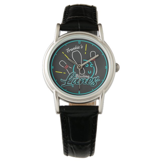 Custom NAME Retro Faux Neon Bowler Bowling Lanes Watch (Front)