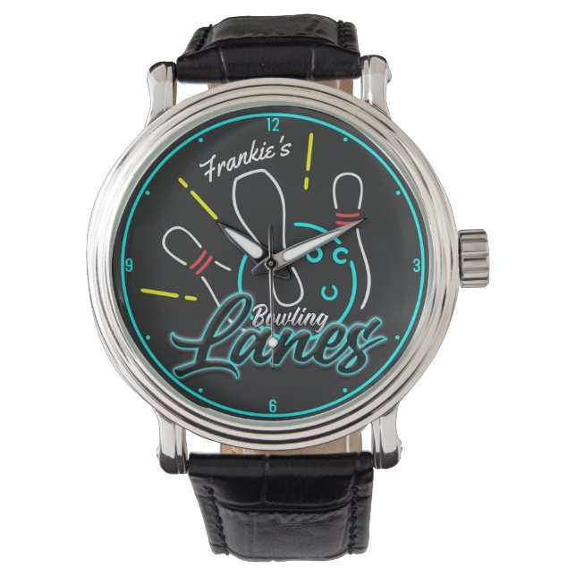 Custom NAME Retro Faux Neon Bowler Bowling Lanes Watch (Front)