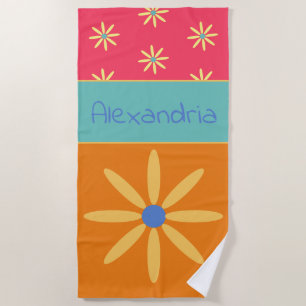 Custom Name Retro Flower Beach Towel
