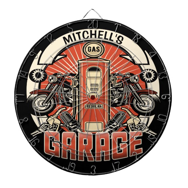 Custom NAME Retro Gas Pump Motorcycle Biker Garage Dartboard (Front)