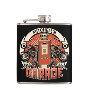 Custom NAME Retro Gas Pump Motorcycle Biker Garage Hip Flask