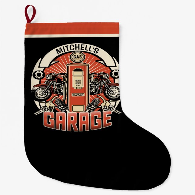 Custom NAME Retro Gas Pump Motorcycle Biker Garage Large Christmas Stocking (Front)