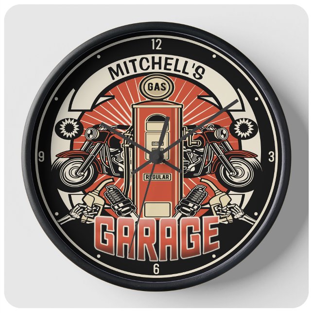 Custom NAME Retro Gas Pump Motorcycle Biker Garage Large Clock (Creator Uploaded)