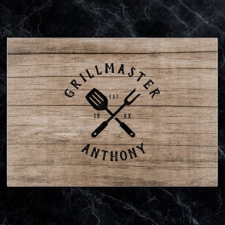 Custom Name Retro GRILLMASTER Rustic Wood Cutting Board