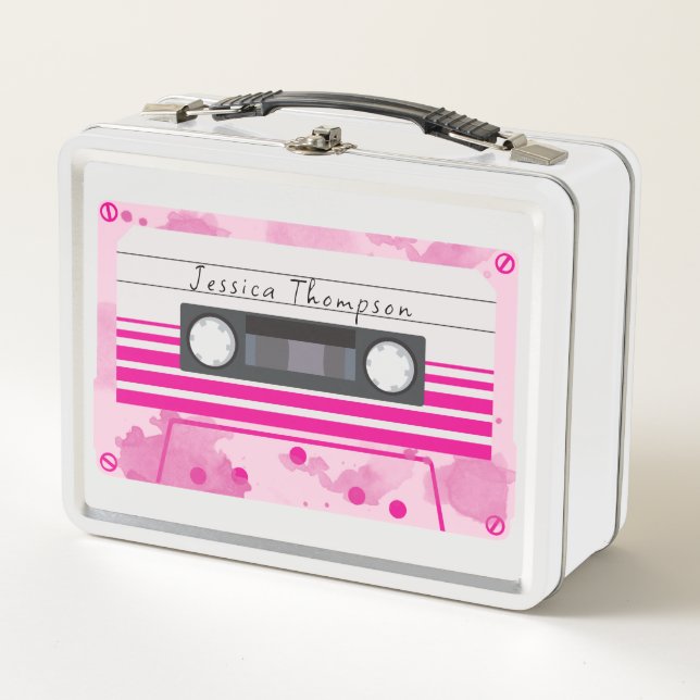 Custom Name Retro Pink Cassette Tape Metal Lunch Box (Front)