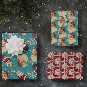 Custom Name Retro Santa Claus Christmas Trio Gift Wrapping Paper Sheet