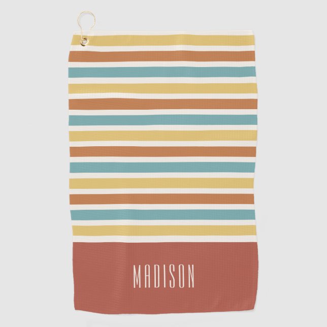 Custom Name Retro Stripes Pattern Golf Towel (Front)