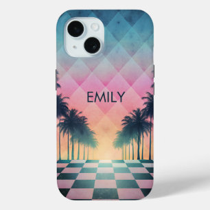 Custom Name Retro Synthwave Sunset Palm Trees iPhone 15 Case