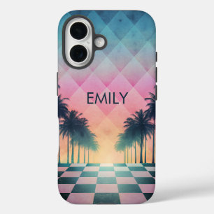 Custom Name Retro Synthwave Sunset Palm Trees iPhone 16 Case