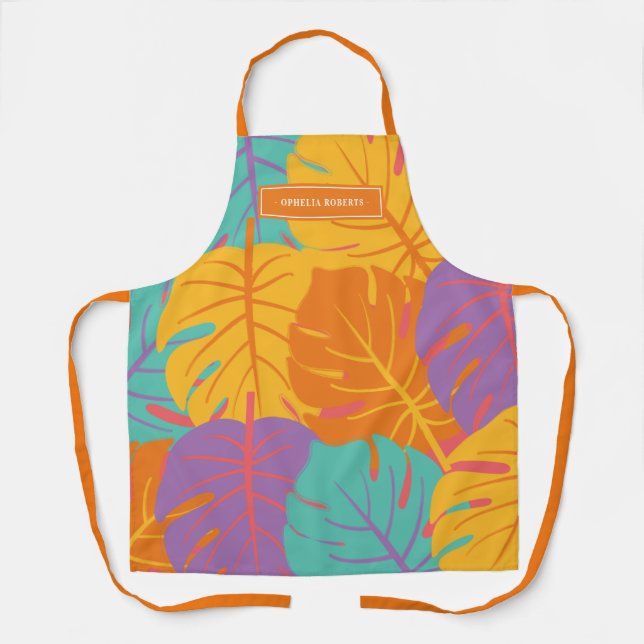 Custom Name Retro Tropical Leaf Pattern Summer Apron (Front)
