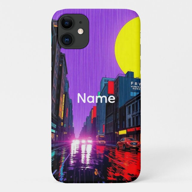 Custom Name Retro Urban Rain Cityscape iPhone Case (Back)