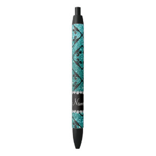 Custom name robin egg blue glitter diamond swirls black ink pen