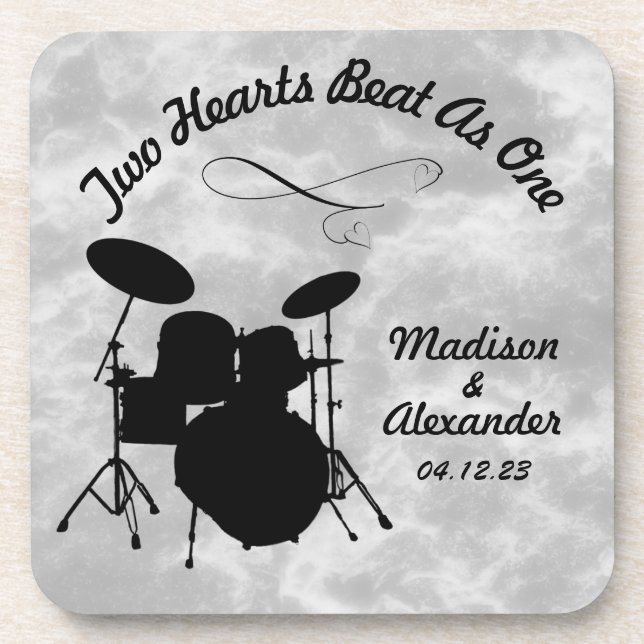 Custom Name Rock & Roll Drummer Wedding Drum Kit Coaster (Front)